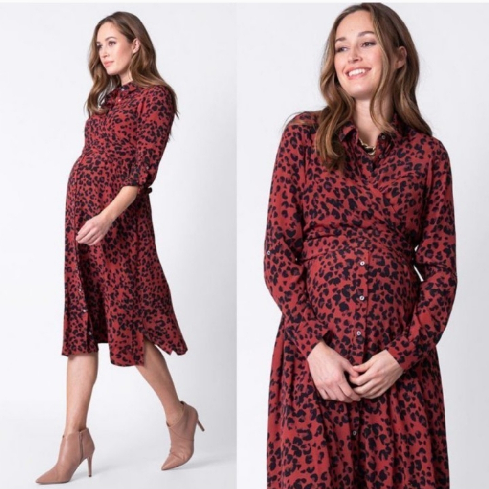 Seraphine Maternity & Nursing  Dress Red Black Animal Print Long Sleeve Midi 10